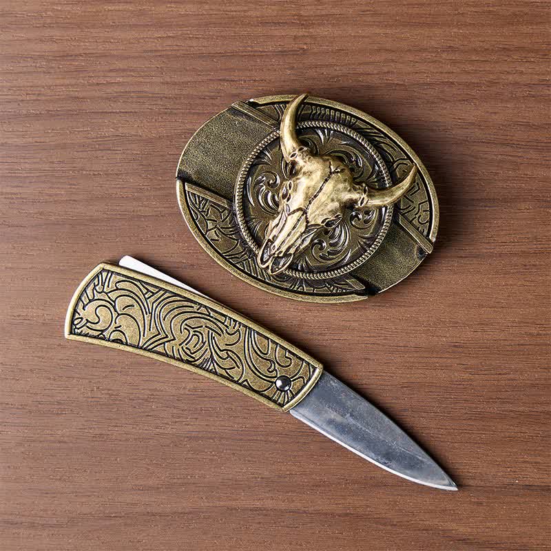 Couteau pliant dissimulé à tête de Longhorn à faire soi-même, boucle en bronze antique, ceinture en cuir - image 1