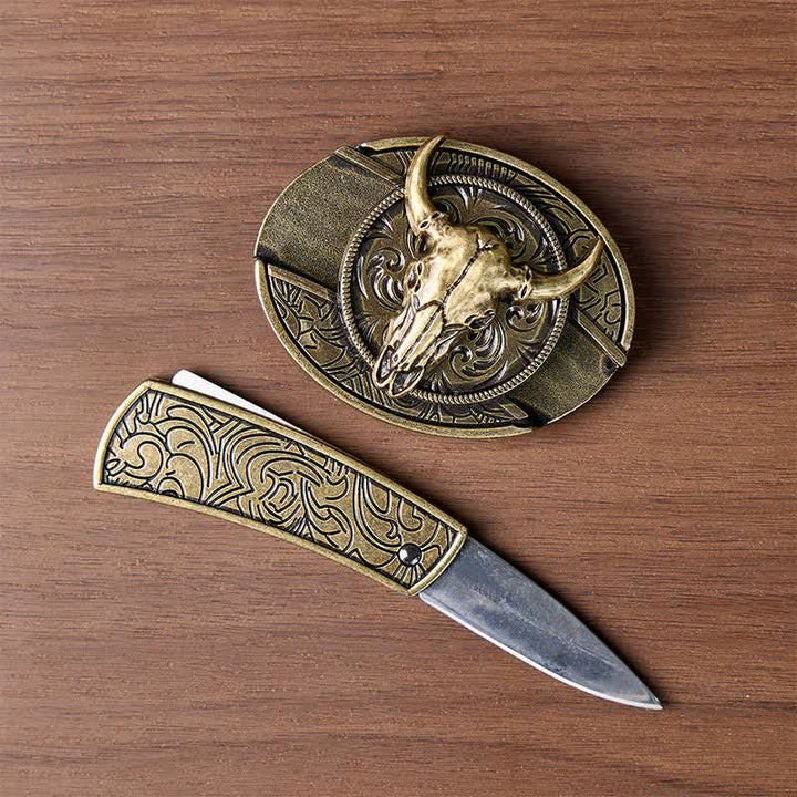 Couteau pliant dissimulé à tête de Longhorn à faire soi-même, boucle en bronze antique, ceinture en cuir - image 1