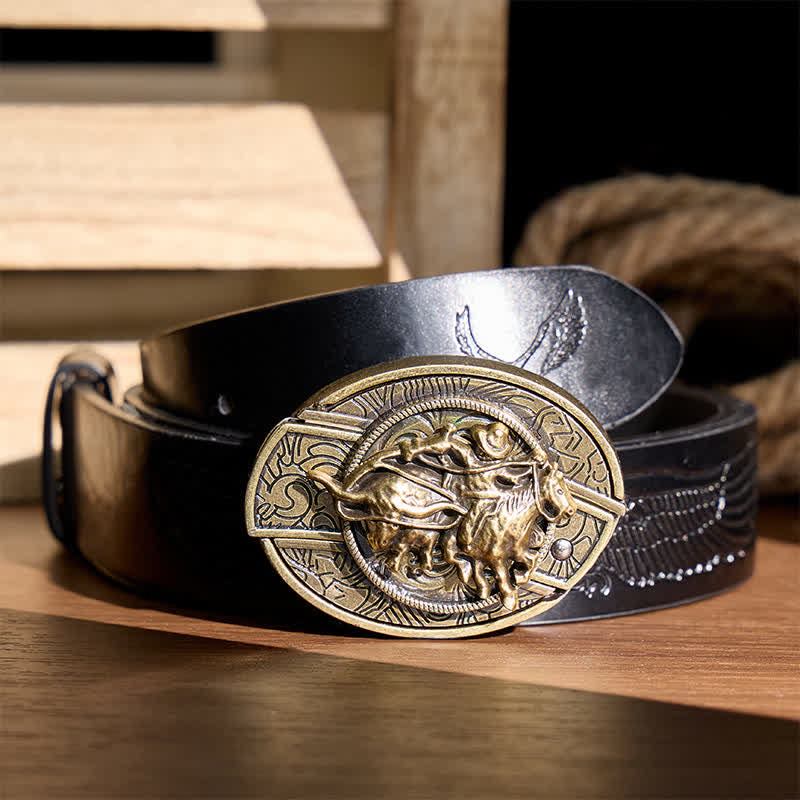 Couteau pliant dissimulé à boucle bronze, style cowboy, pour le rodéo de taureaux. Ceinture en cuir. - Cowboy lassoant un taureau - Ceinture noire à motif aigle en relief - 42 - image 2