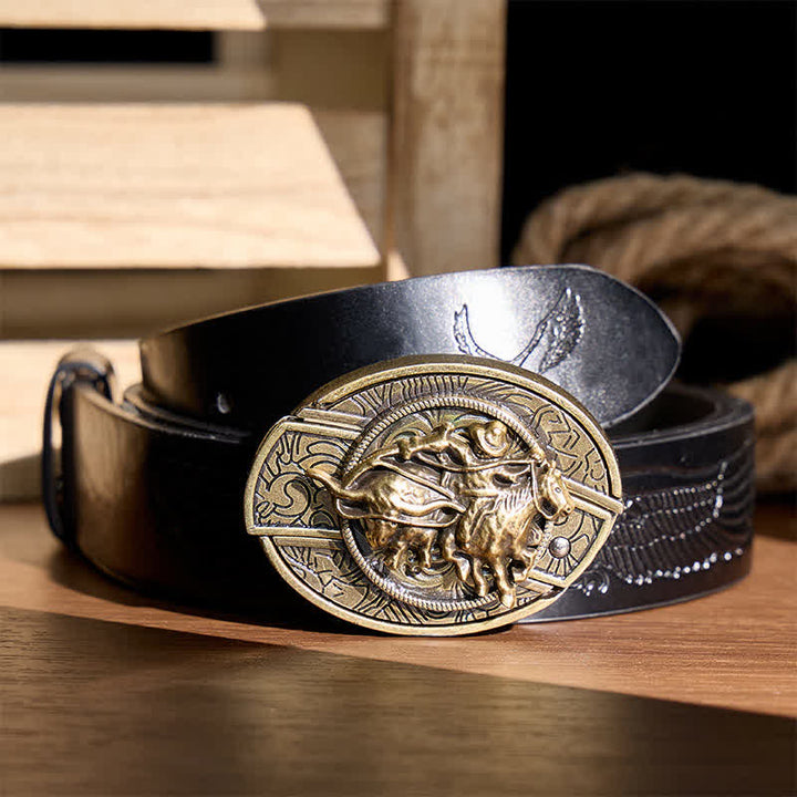 Couteau pliant dissimulé à boucle bronze, style cowboy, pour le rodéo de taureaux. Ceinture en cuir. - Cowboy lassoant un taureau - Ceinture noire à motif aigle en relief - 42 - image 2