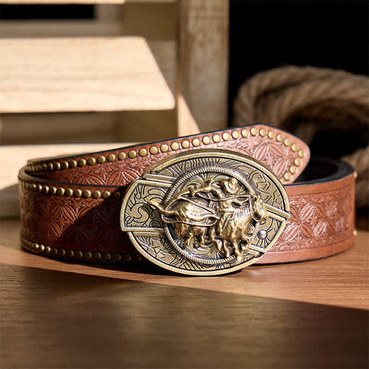 Couteau pliant dissimulé à boucle bronze, style cowboy, pour le rodéo de taureaux. Ceinture en cuir. - Cowboy lassoant un taureau - Ceinture à rivets marron - 42 - image 4