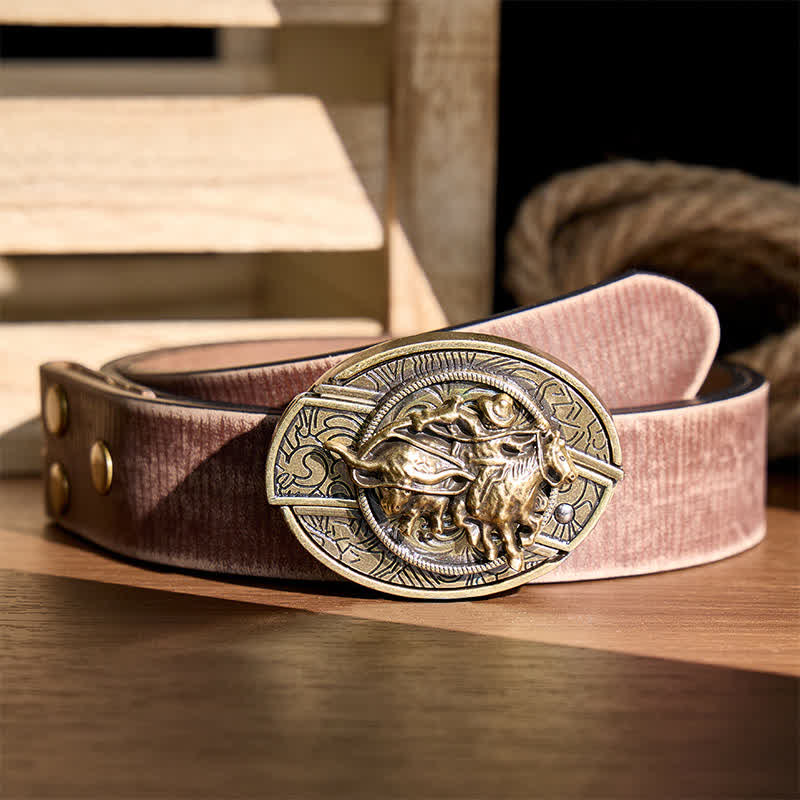 Couteau pliant dissimulé à boucle bronze, style cowboy, pour le rodéo de taureaux. Ceinture en cuir. - Cowboy lassoant un taureau - Ceinture marron vieillie - 42 - image 5