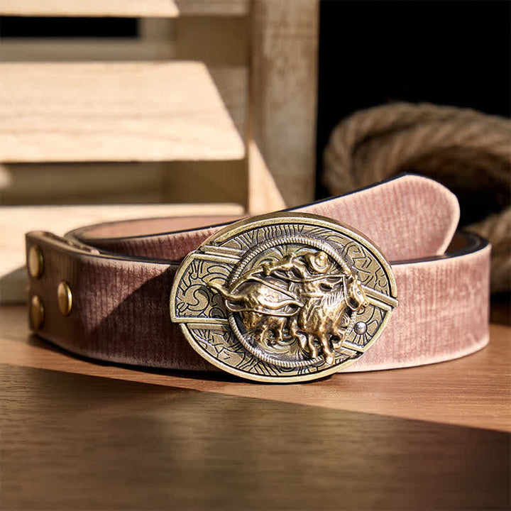 Couteau pliant dissimulé à boucle bronze, style cowboy, pour le rodéo de taureaux. Ceinture en cuir. - Cowboy lassoant un taureau - Ceinture marron vieillie - 42 - image 5