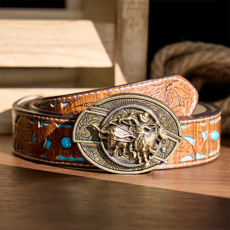 Couteau pliant dissimulé à boucle bronze, style cowboy, pour le rodéo de taureaux. Ceinture en cuir. - Cowboy lassoant un taureau - Ceinture turquoise sculptée - 42 - image 3