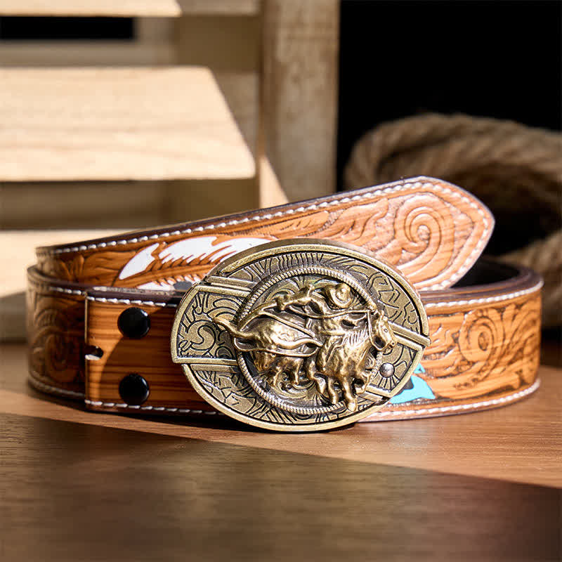 Couteau pliant dissimulé à boucle bronze, style cowboy, pour le rodéo de taureaux. Ceinture en cuir. - Cowboy lassoant un taureau - Ceinture de plumes brunes - 40 - image 7