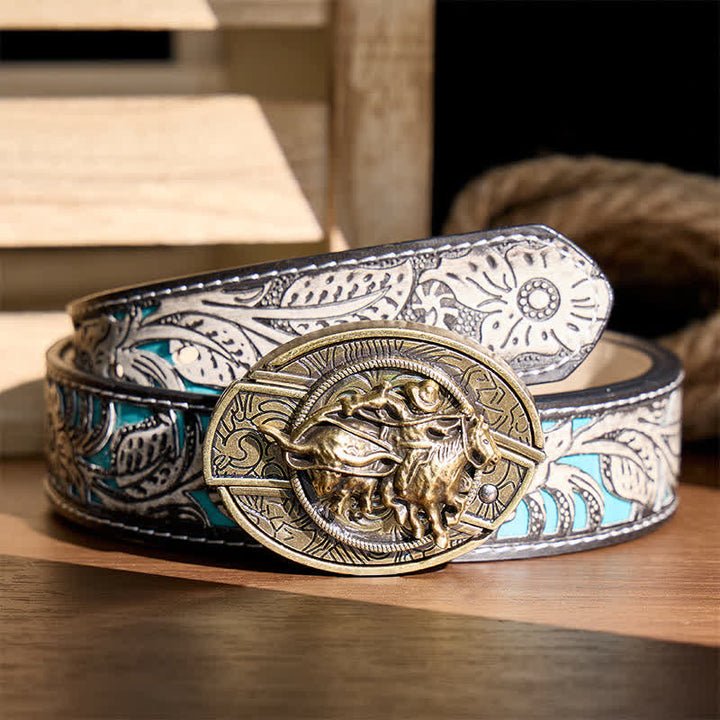 Couteau pliant dissimulé à boucle bronze, style cowboy, pour le rodéo de taureaux. Ceinture en cuir. - Cowboy lassoant un taureau - Ceinture à fleurs grises - 42 - image 8