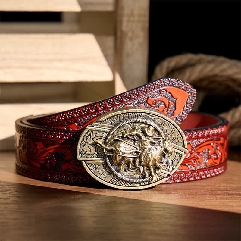 Couteau pliant dissimulé à boucle bronze, style cowboy, pour le rodéo de taureaux. Ceinture en cuir. - Cowboy lassoant un taureau - Ceinture sculptée marron - 42 - image 6