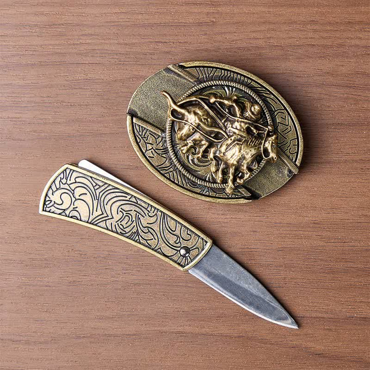 Couteau pliant dissimulé à boucle bronze, style cowboy, pour le rodéo de taureaux. Ceinture en cuir. - image 1