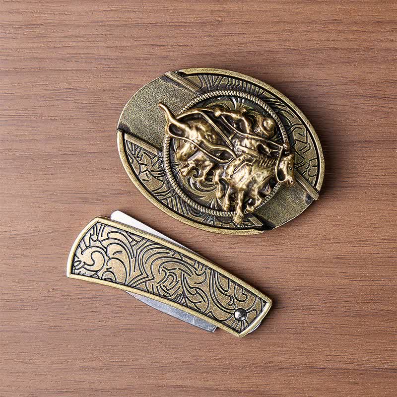 Couteau pliant dissimulé à boucle bronze, style cowboy, pour le rodéo de taureaux. Ceinture en cuir. - image 10