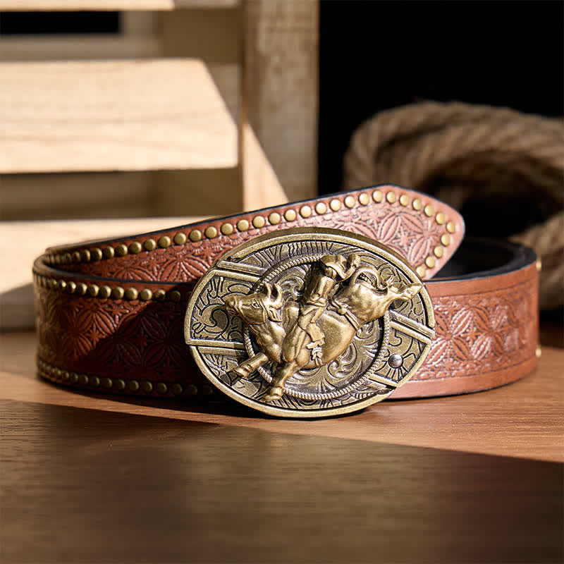 Boucle de couteau pliant dissimulé en bronze antique pour cavalier de taureau, ceinture en cuir - Cavalier de taureau - Ceinture à rivets marron - 42 - image 4