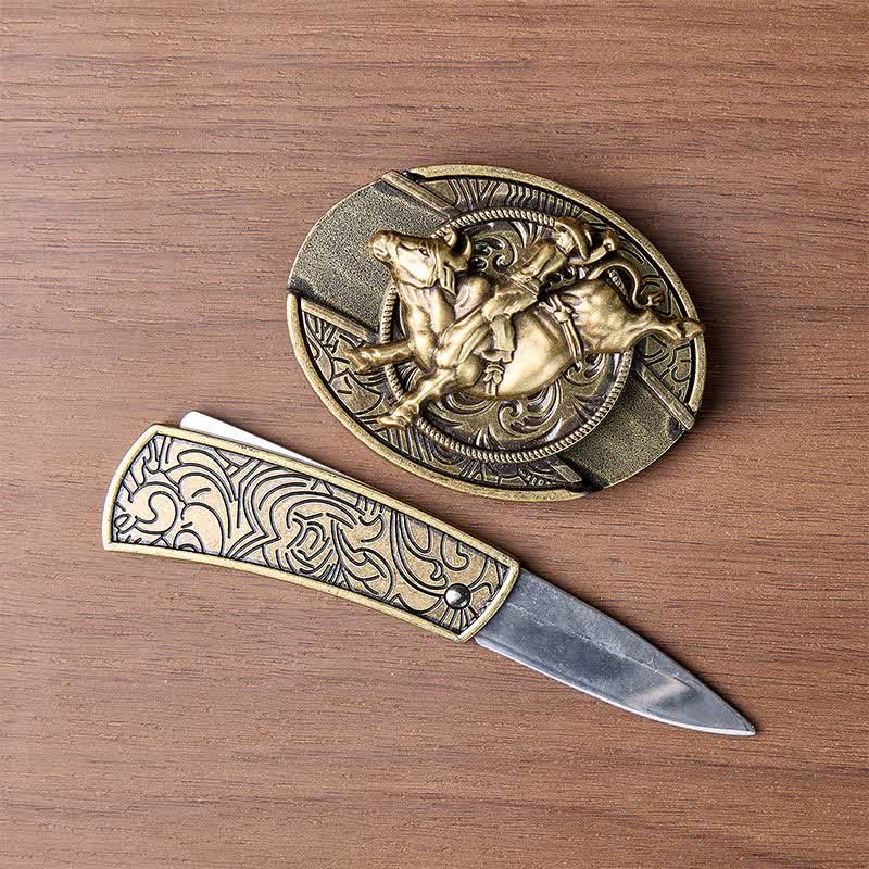 Boucle de couteau pliant dissimulé en bronze antique pour cavalier de taureau, ceinture en cuir - image 1