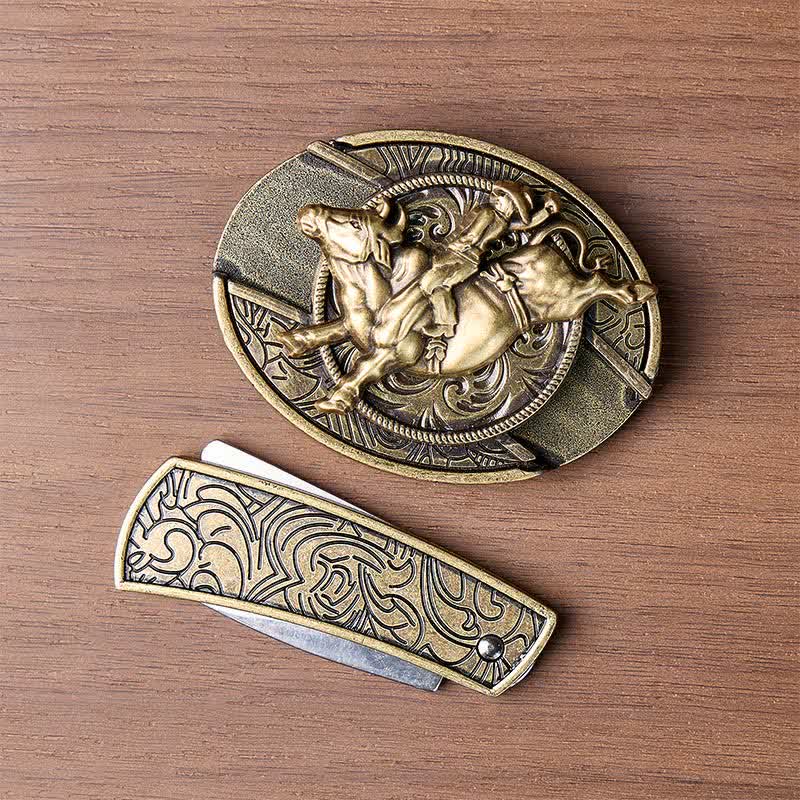 Boucle de couteau pliant dissimulé en bronze antique pour cavalier de taureau, ceinture en cuir - image 10
