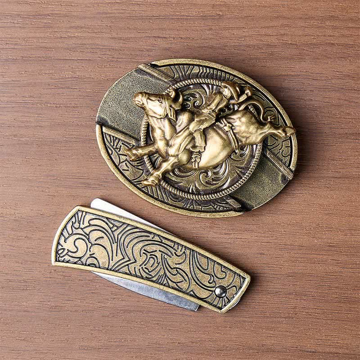 Boucle de couteau pliant dissimulé en bronze antique pour cavalier de taureau, ceinture en cuir - image 10