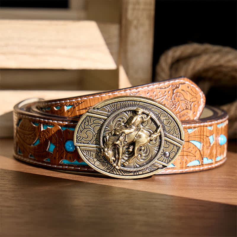 Couteau pliant dissimulé à faire soi-même pour cavalier de rodéo western, boucle en bronze, ceinture en cuir - Cavalier de rodéo bronco - Ceinture turquoise sculptée - 42 - image 3