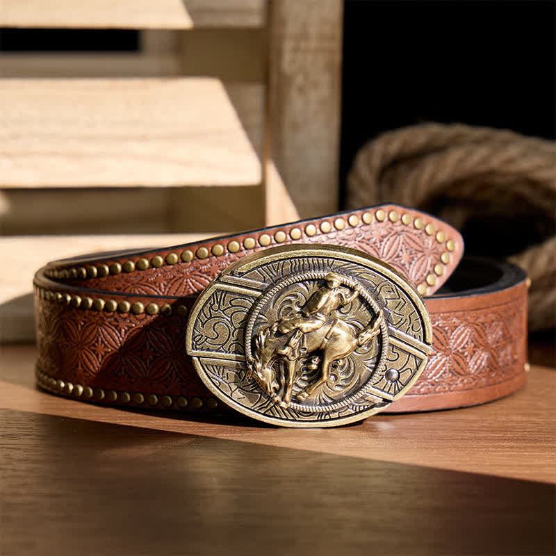 Couteau pliant dissimulé à faire soi-même pour cavalier de rodéo western, boucle en bronze, ceinture en cuir - Cavalier de rodéo bronco - Ceinture à rivets marron - 42 - image 4