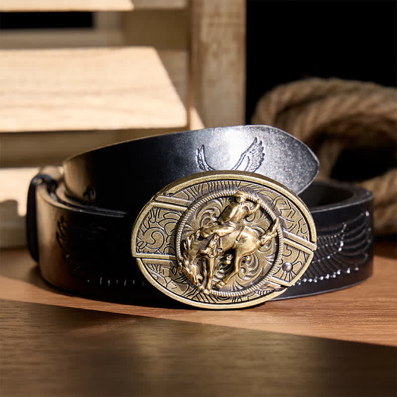Couteau pliant dissimulé à faire soi-même pour cavalier de rodéo western, boucle en bronze, ceinture en cuir - Cavalier de rodéo bronco - Ceinture noire à motif aigle en relief - 42 - image 2
