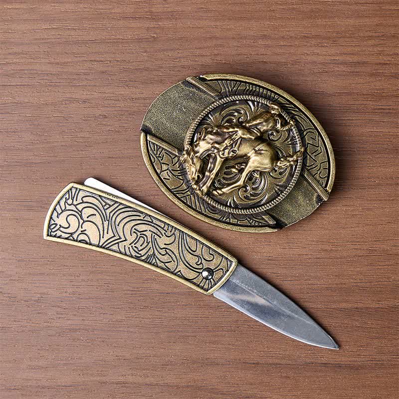 Couteau pliant dissimulé à faire soi-même pour cavalier de rodéo western, boucle en bronze, ceinture en cuir - image 1