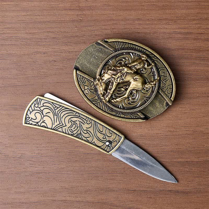 Couteau pliant dissimulé à faire soi-même pour cavalier de rodéo western, boucle en bronze, ceinture en cuir - image 1
