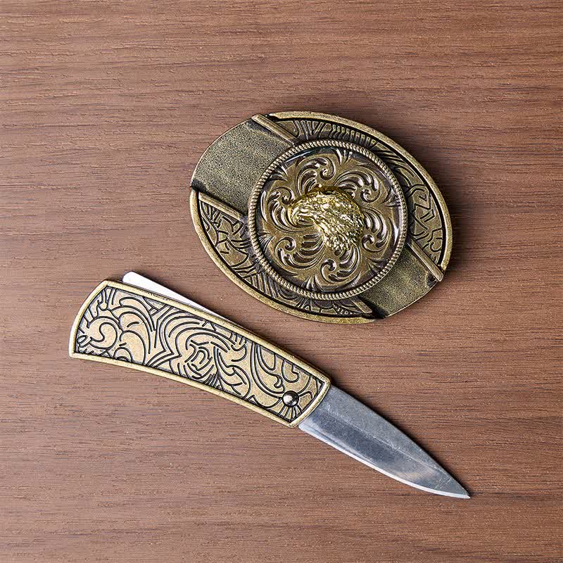 Couteau pliant dissimulé à tête d'aigle doré, boucle en bronze antique, ceinture en cuir - image 1