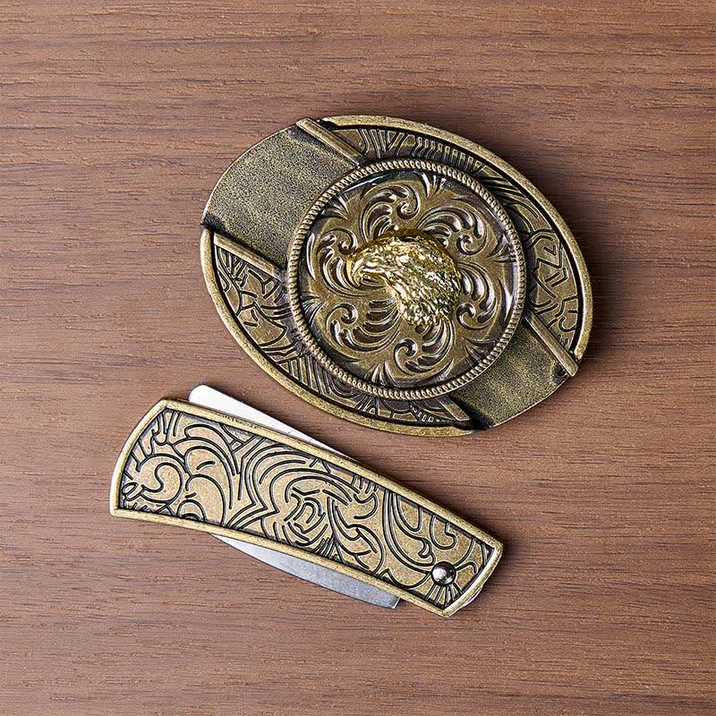 Couteau pliant dissimulé à tête d'aigle doré, boucle en bronze antique, ceinture en cuir - image 10