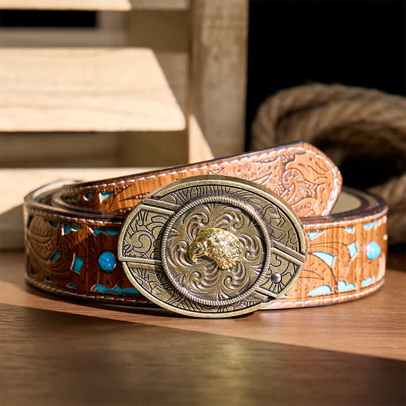Couteau pliant dissimulé à tête d'aigle doré, boucle en bronze antique, ceinture en cuir - Tête d'aigle - Ceinture turquoise sculptée - 42 - image 3
