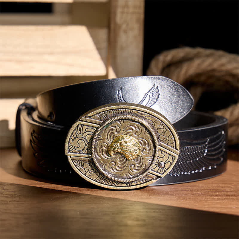 Couteau pliant dissimulé à tête d'aigle doré, boucle en bronze antique, ceinture en cuir - Tête d'aigle - Ceinture noire à motif aigle en relief - 42 - image 2