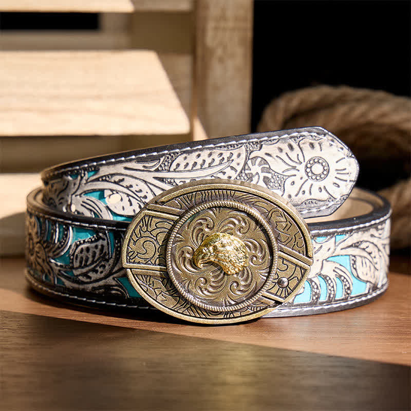 Couteau pliant dissimulé à tête d'aigle doré, boucle en bronze antique, ceinture en cuir - Tête d'aigle - Ceinture à fleurs grises - 42 - image 8