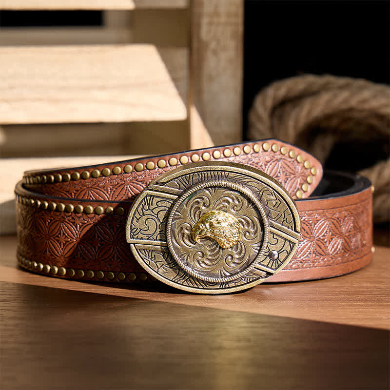 Couteau pliant dissimulé à tête d'aigle doré, boucle en bronze antique, ceinture en cuir - Tête d'aigle - Ceinture à rivets marron - 42 - image 4