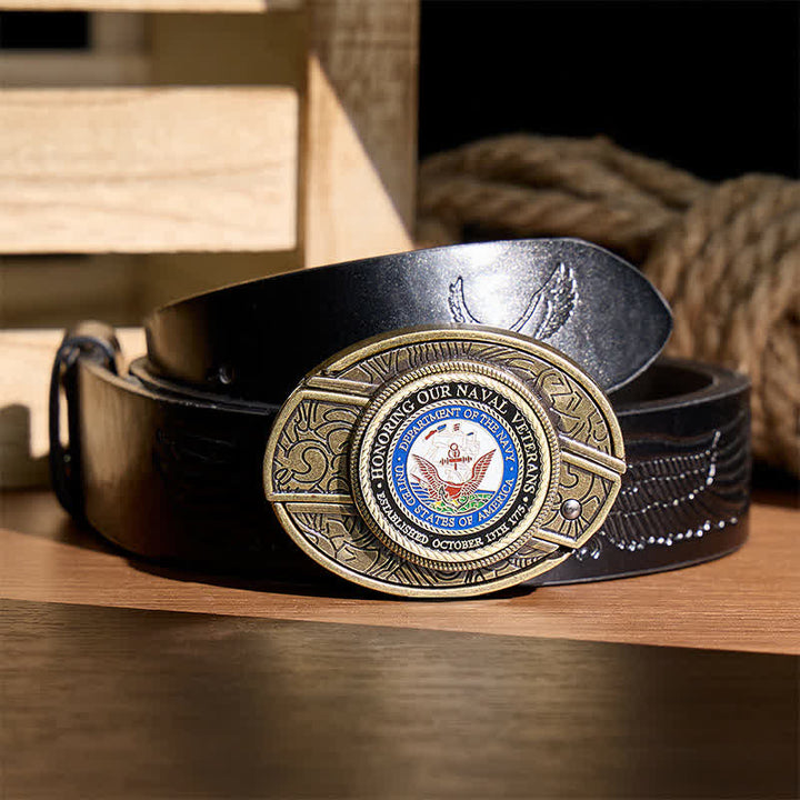 Ceinture en cuir avec boucle de couteau pliant dissimulée à faire soi-même, en hommage à nos vétérans de la Marine - Honorer les anciens combattants - Ceinture noire à motif aigle en relief - 42 - image 2