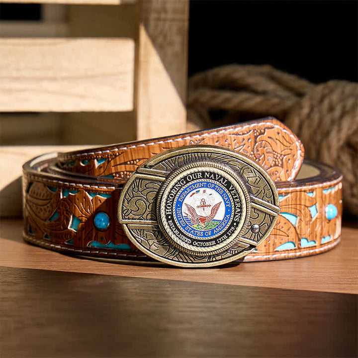 Ceinture en cuir avec boucle de couteau pliant dissimulée à faire soi-même, en hommage à nos vétérans de la Marine - Honorer les anciens combattants - Ceinture turquoise sculptée - 42 - image 3