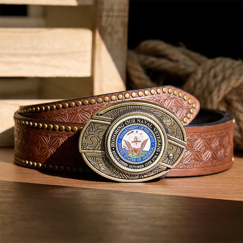 Ceinture en cuir avec boucle de couteau pliant dissimulée à faire soi-même, en hommage à nos vétérans de la Marine - Honorer les anciens combattants - Ceinture à rivets marron - 42 - image 4