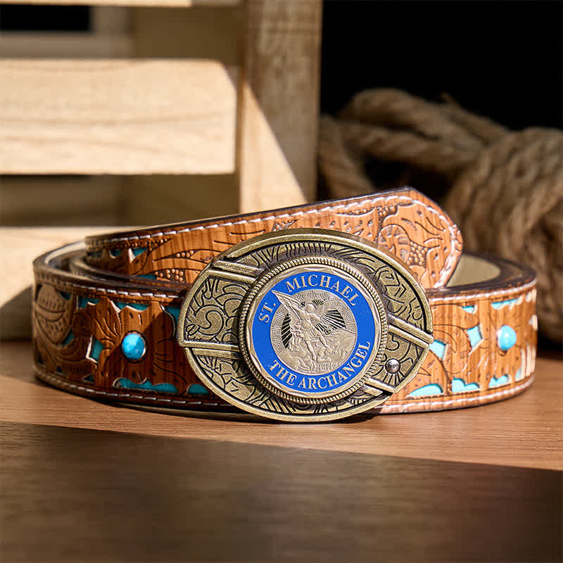 Couteau pliant dissimulé à l'effigie de Saint Michel Archange, boucle en bronze, ceinture en cuir - Archange - Ceinture turquoise sculptée - 42 - image 3