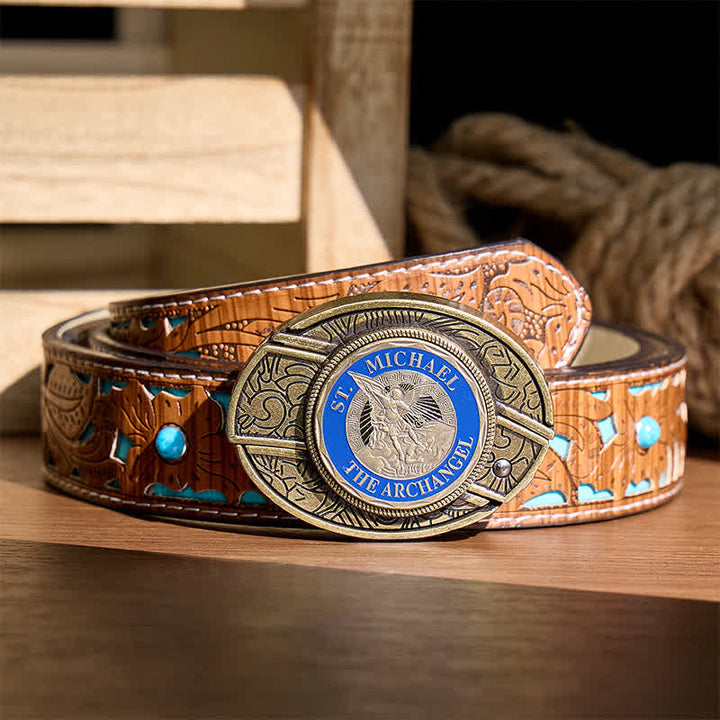 Couteau pliant dissimulé à l'effigie de Saint Michel Archange, boucle en bronze, ceinture en cuir - Archange - Ceinture turquoise sculptée - 42 - image 3