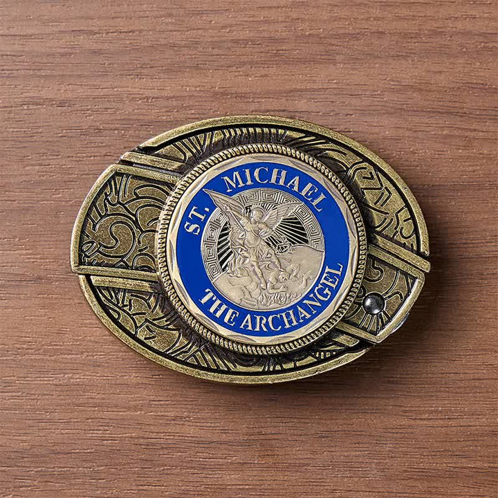 Couteau pliant dissimulé à l'effigie de Saint Michel Archange, boucle en bronze, ceinture en cuir - image 9