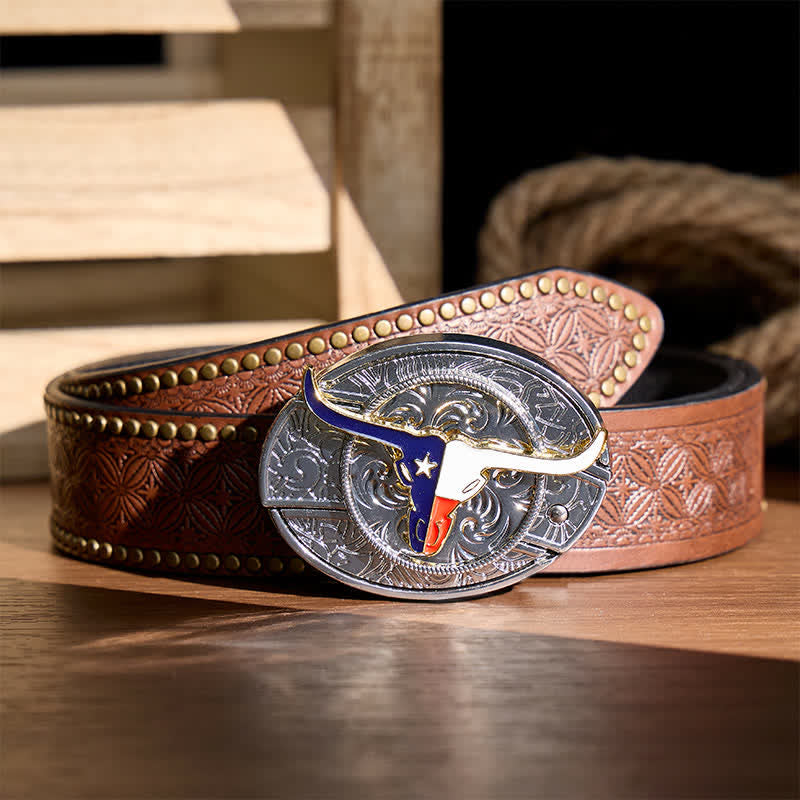 Ceinture en cuir avec boucle de couteau pliant dissimulé à l'effigie du drapeau du Texas Longhorn - Longhorn et drapeau - Ceinture à rivets marron - 42 - image 4