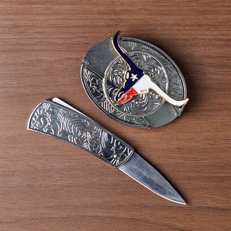 Ceinture en cuir avec boucle de couteau pliant dissimulé à l'effigie du drapeau du Texas Longhorn - image 1