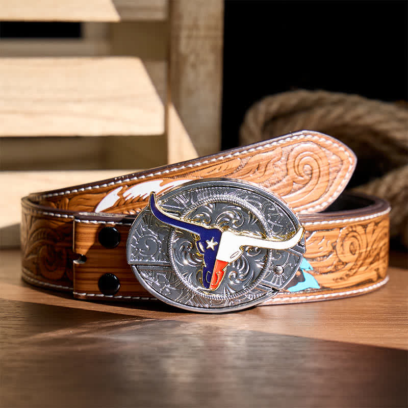 Ceinture en cuir avec boucle de couteau pliant dissimulé à l'effigie du drapeau du Texas Longhorn - Longhorn et drapeau - Ceinture de plumes brunes - 40 - image 7