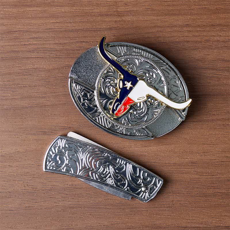 Ceinture en cuir avec boucle de couteau pliant dissimulé à l'effigie du drapeau du Texas Longhorn - image 9