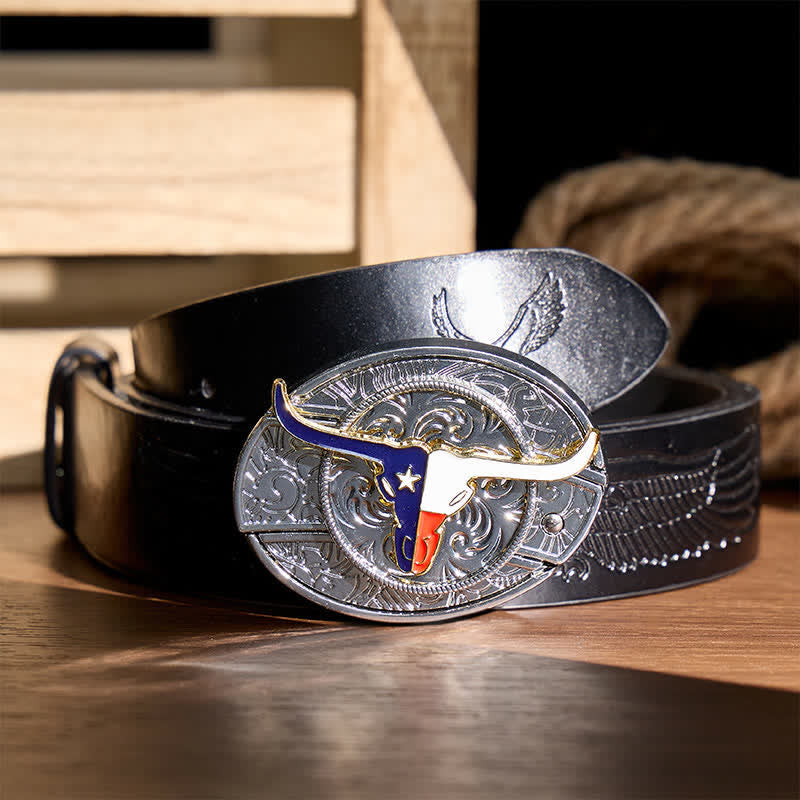 Ceinture en cuir avec boucle de couteau pliant dissimulé à l'effigie du drapeau du Texas Longhorn - Longhorn et drapeau - Ceinture noire à motif aigle en relief - 42 - image 2