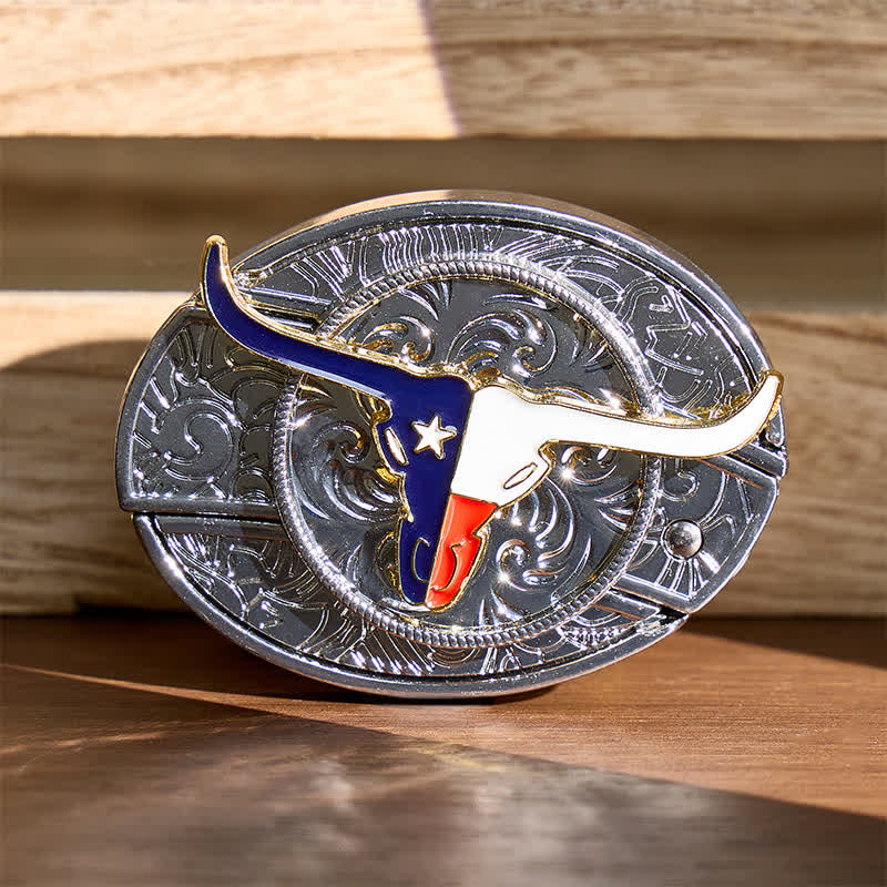 Ceinture en cuir avec boucle de couteau pliant dissimulé à l'effigie du drapeau du Texas Longhorn - Longhorn et drapeau - Sans ceinture - Ceinture non incluse - image 0