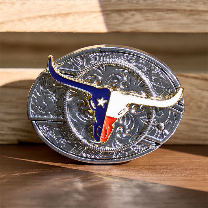Ceinture en cuir avec boucle de couteau pliant dissimulé à l'effigie du drapeau du Texas Longhorn - Longhorn et drapeau - Sans ceinture - Ceinture non incluse - image 0