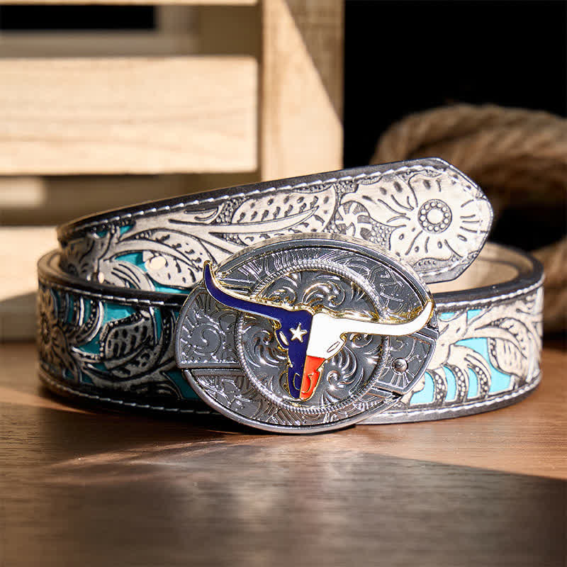 Ceinture en cuir avec boucle de couteau pliant dissimulé à l'effigie du drapeau du Texas Longhorn - Longhorn et drapeau - Ceinture à fleurs grises - 42 - image 8