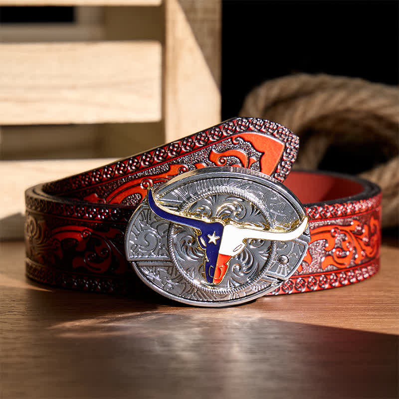 Ceinture en cuir avec boucle de couteau pliant dissimulé à l'effigie du drapeau du Texas Longhorn - Longhorn et drapeau - Ceinture sculptée marron - 42 - image 6