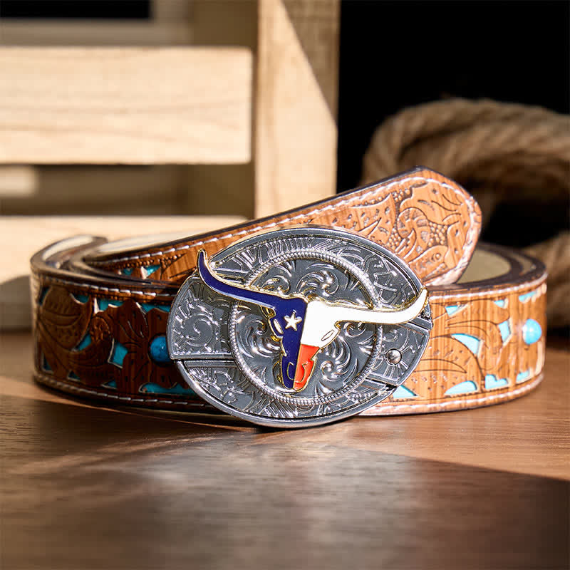 Ceinture en cuir avec boucle de couteau pliant dissimulé à l'effigie du drapeau du Texas Longhorn - Longhorn et drapeau - Ceinture turquoise sculptée - 42 - image 3