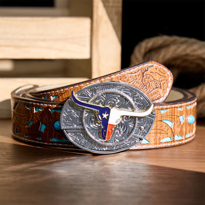 Ceinture en cuir avec boucle de couteau pliant dissimulé à l'effigie du drapeau du Texas Longhorn - Longhorn et drapeau - Ceinture turquoise sculptée - 42 - image 3