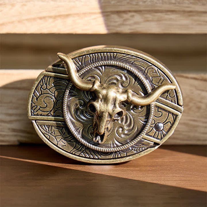 Ceinture en cuir avec boucle de couteau pliant dissimulé à motif Longhorn, style rustique de l'Ouest - Longhorn de bronze - Sans ceinture - Ceinture non incluse - image 0