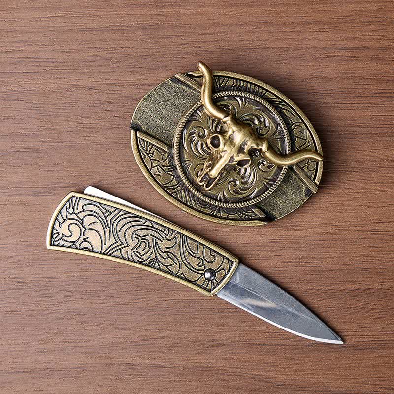 Ceinture en cuir avec boucle de couteau pliant dissimulé à motif Longhorn, style rustique de l'Ouest - image 1