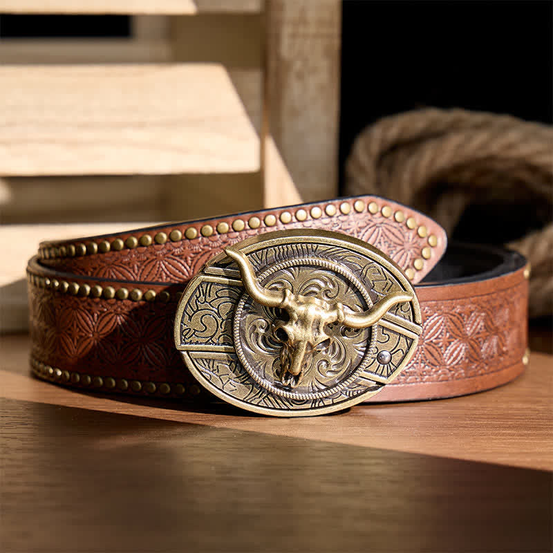 Ceinture en cuir avec boucle de couteau pliant dissimulé à motif Longhorn, style rustique de l'Ouest - Longhorn de bronze - Ceinture à rivets marron - 42 - image 4