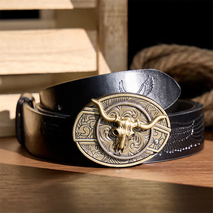 Ceinture en cuir avec boucle de couteau pliant dissimulé à motif Longhorn, style rustique de l'Ouest - Longhorn de bronze - Ceinture noire à motif aigle en relief - 42 - image 2
