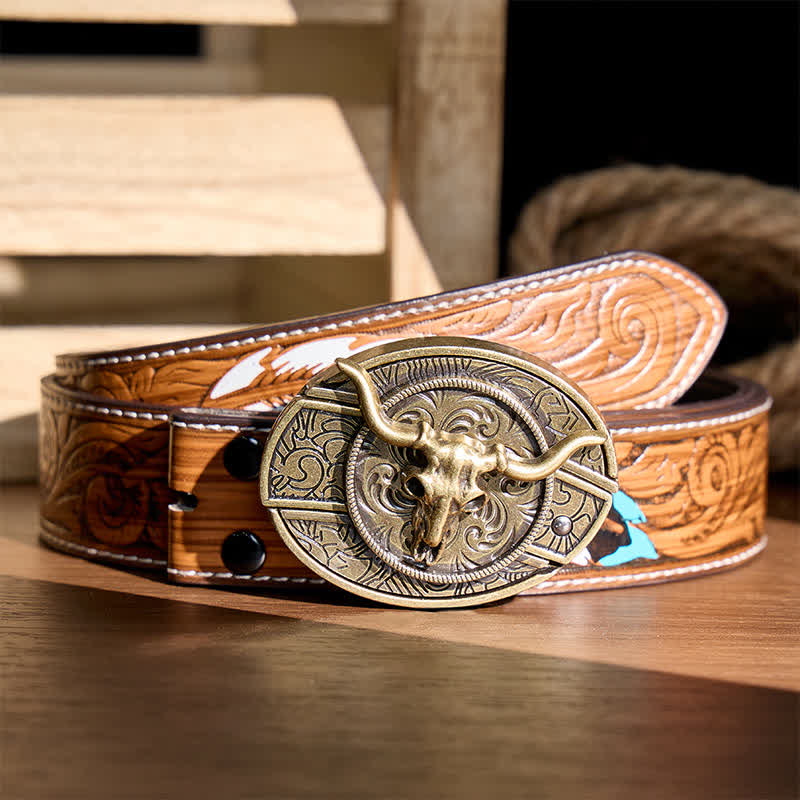 Ceinture en cuir avec boucle de couteau pliant dissimulé à motif Longhorn, style rustique de l'Ouest - Longhorn de bronze - Ceinture de plumes brunes - 40 - image 6